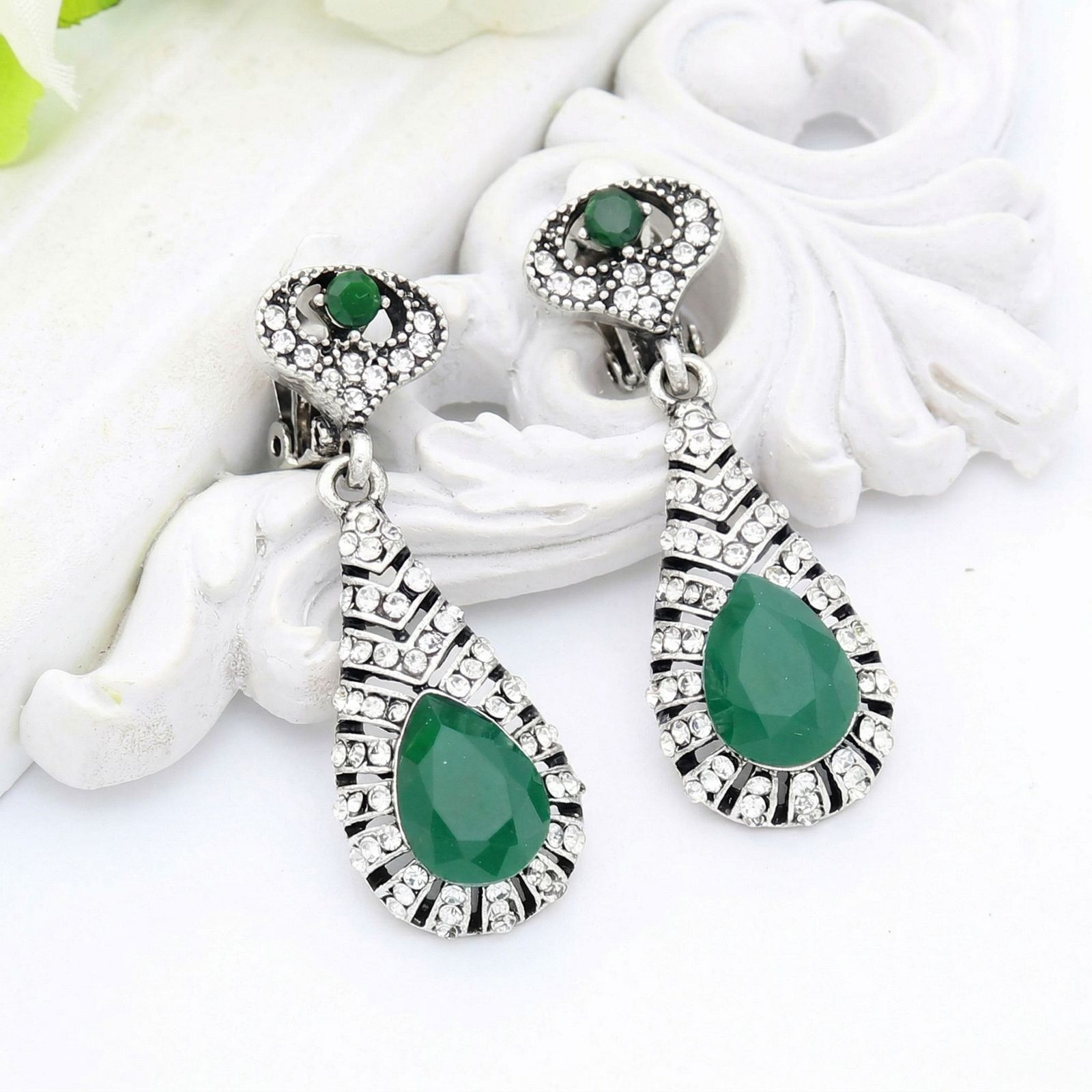 CLIP ON Earrings Womens Non Pierced Dangle Vintage Silver Gold Rhinestone Stud