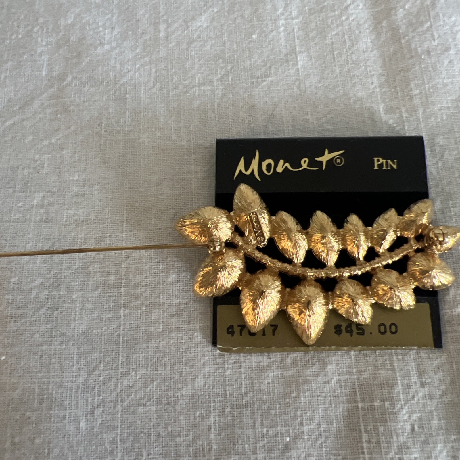 Vtg Signed Monet Gold Tone Leaf White Rhinestones Brooch Statement Pin 2 5/8 in