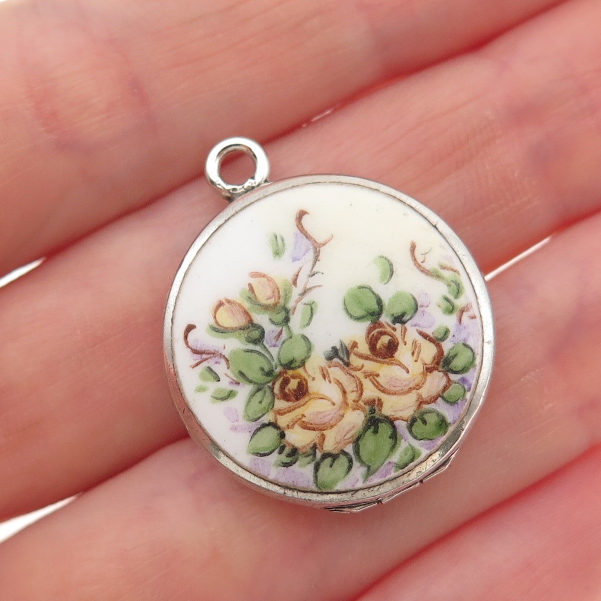 Bliss Bros Co. 925 Sterling Silver Antique Art Deco Enamel Floral Locket Pendant