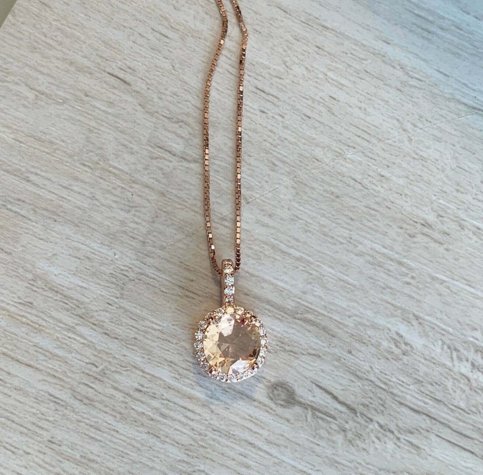 2Ct Round Cut Morganite Diamond Halo Pendant 14K Rose Gold Finish 18″ Free Chain