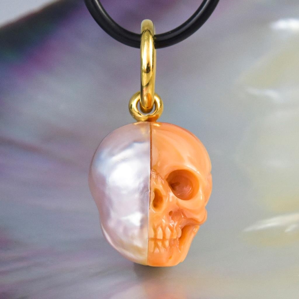 Skull in South Sea Pearl Pendant Carved Apricot Shell & Vermeil Sterling 6.00g