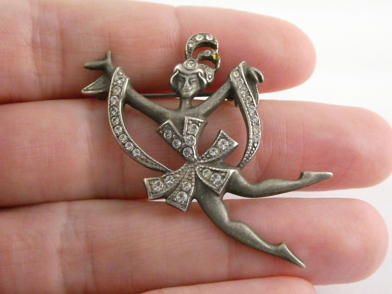 Vintage Sterling Silver White Rhinestone Dancer Ballerina Brooch Pin 6g 2 Inch