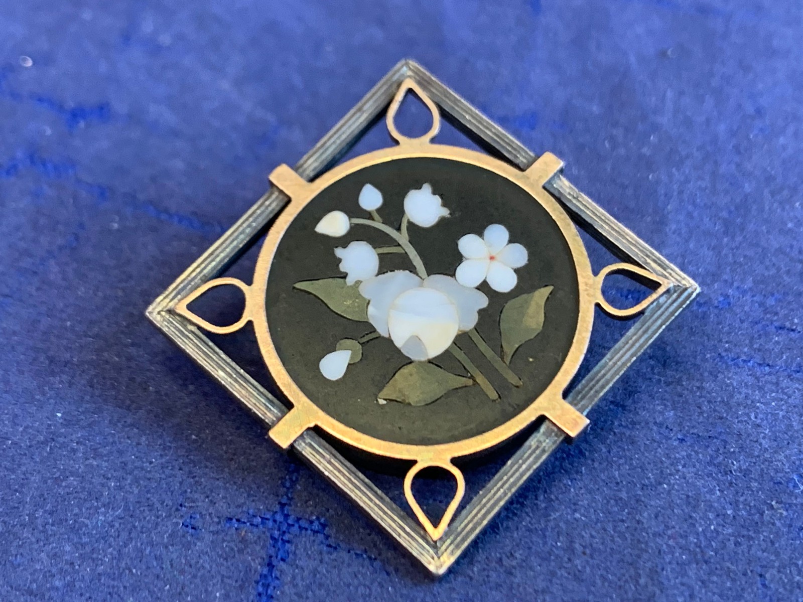 Vtg Pietra Dura Sterling Silver Gold Filled Floral Brooch Jewelry Flower Pin