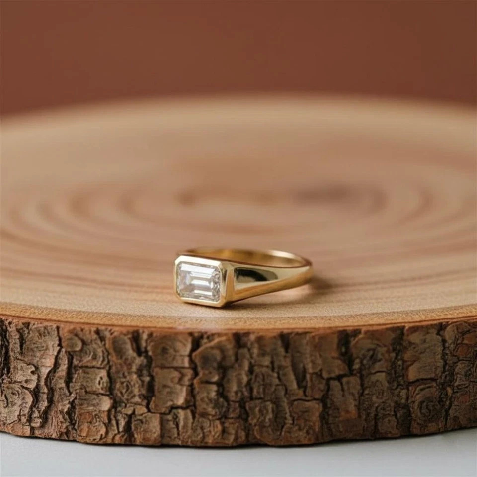 2Ct Emerald-Cut Moissanite Bezel Men’s Engagement Ring 14K Yellow Gold Plated