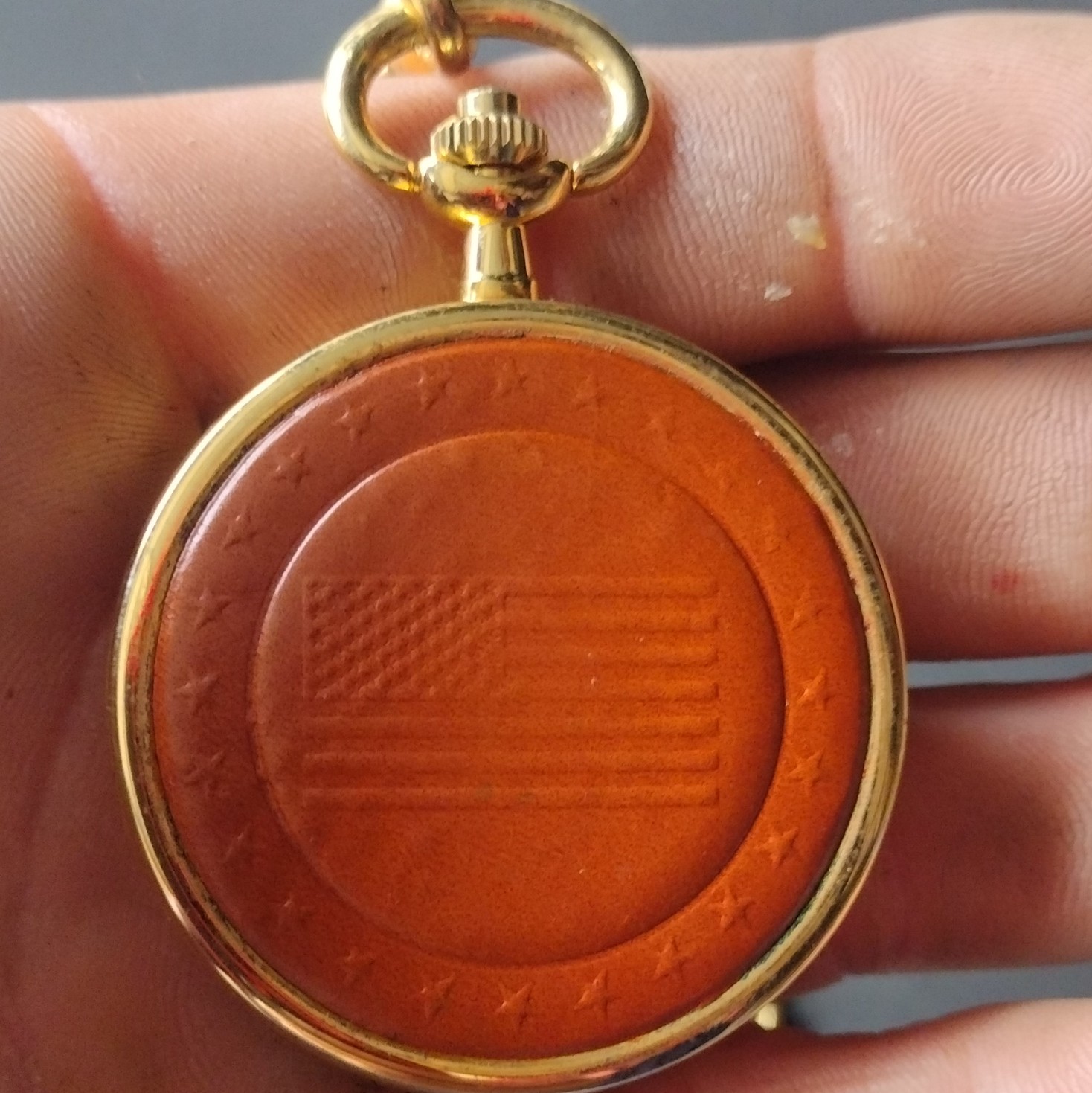 Majestron Quartz Full Hunter Pocket Watch Eagle USA Flag Gold Tone w/ Chain