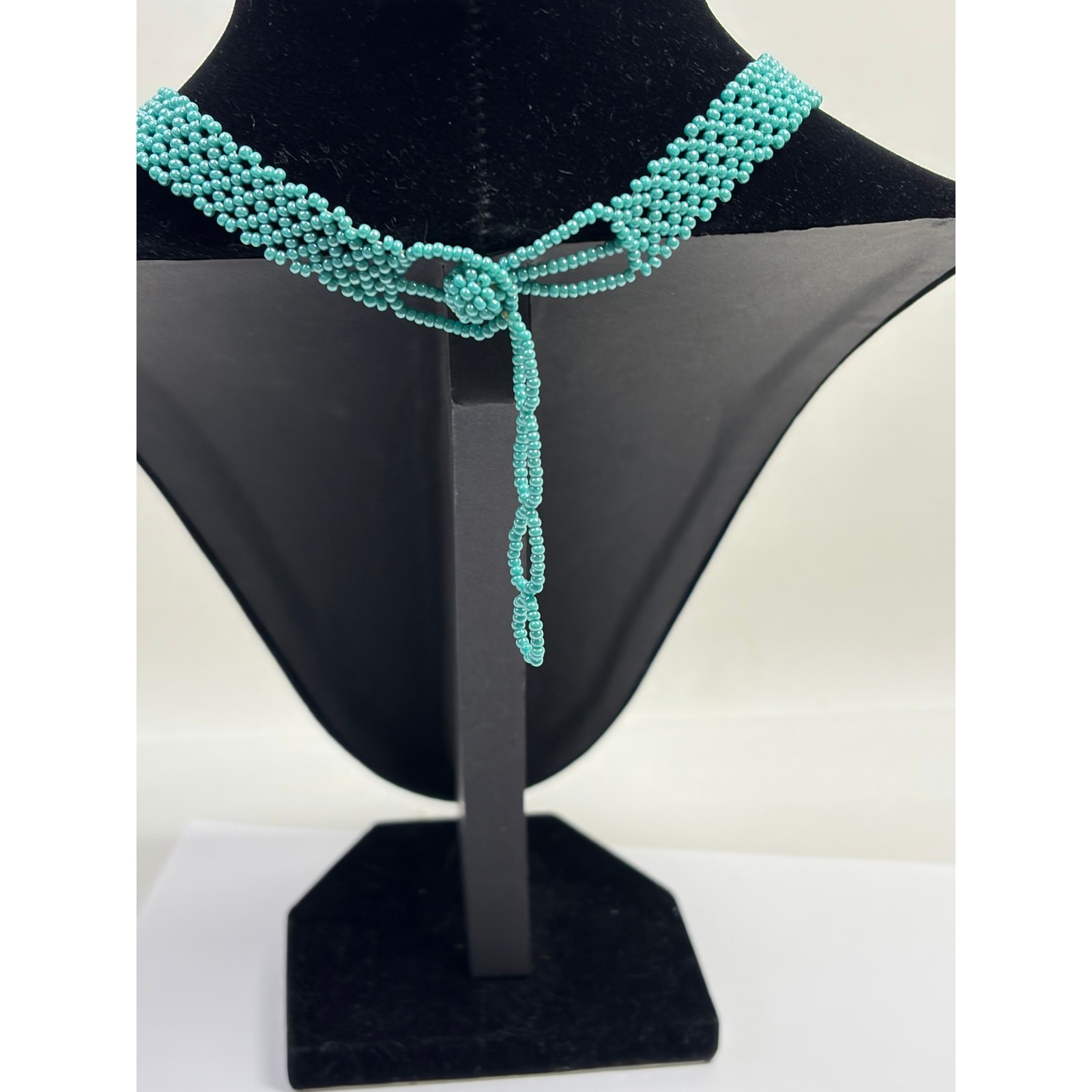 Blue Seed Beaded Choker Fringe Bib Necklace Native Handmade Vintage Western