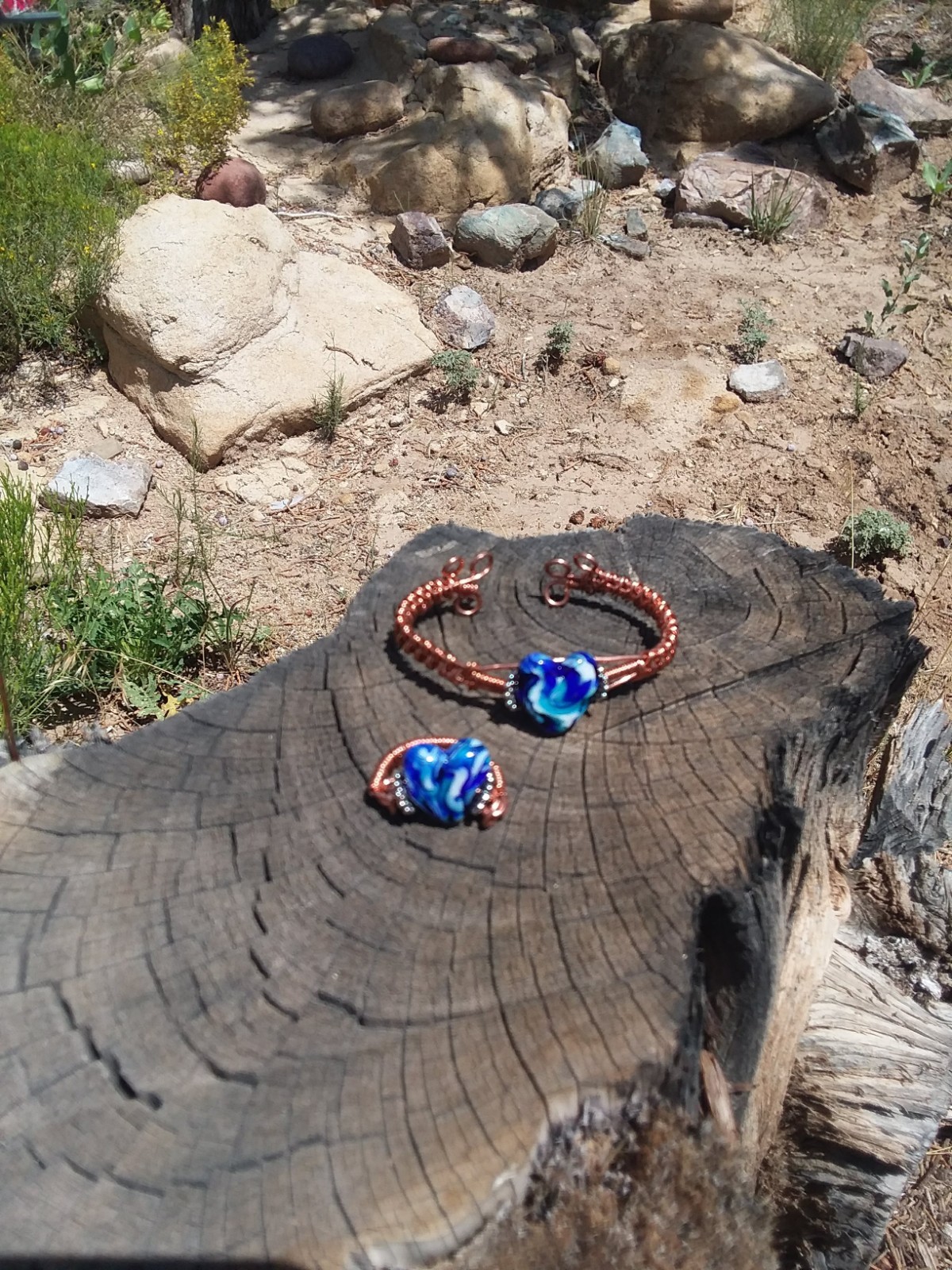 Handmade Lampwork Bead Blue Swirls, Copper Wire Cuff Bracelet And Ring To Match