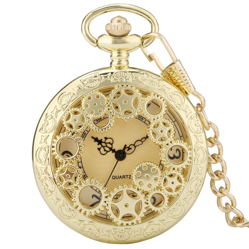 Steampunk Gear Quartz Pocket Watch Multi-Style Choose Color & Design Chain Gift