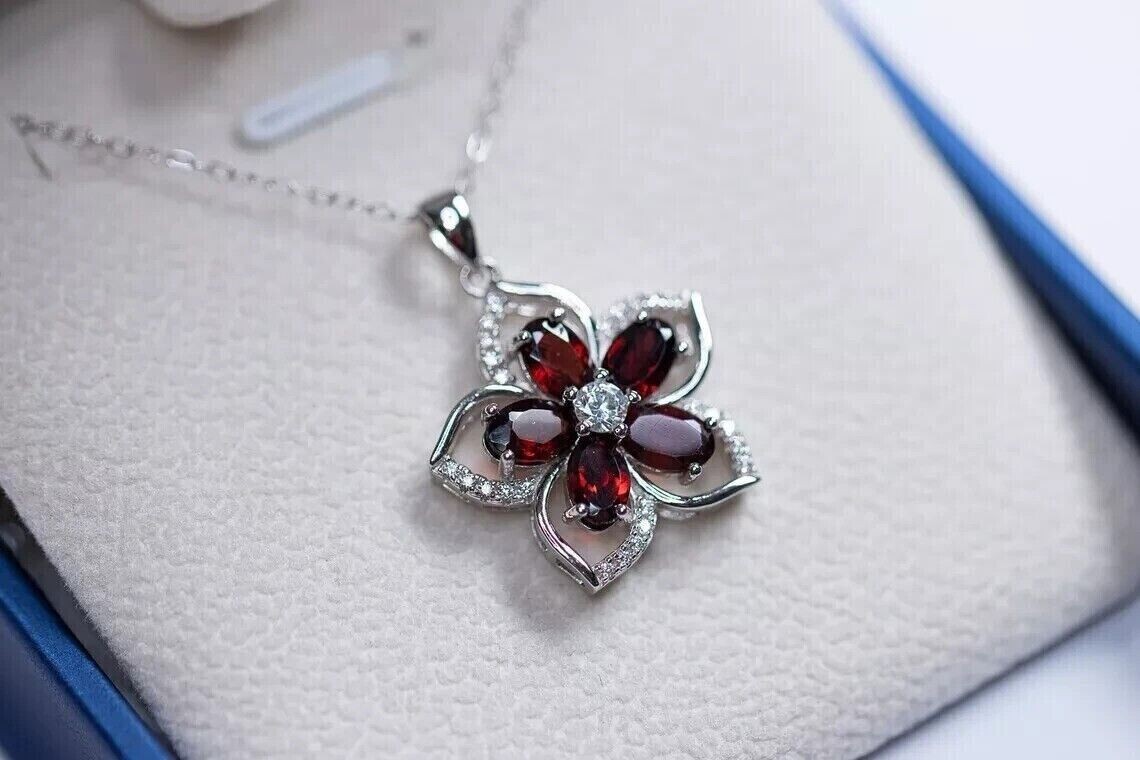 Women’s Gorgeous Flower Pendant Oval Simulated Red Garnet 14k White Gold Plated