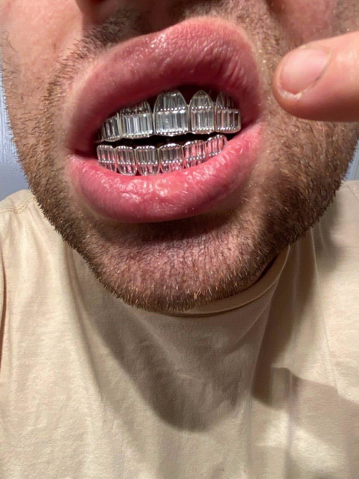 Real Solid Hip Hop 925 Sterling Silver Grillz Baguette Diamond Iced Grills Set