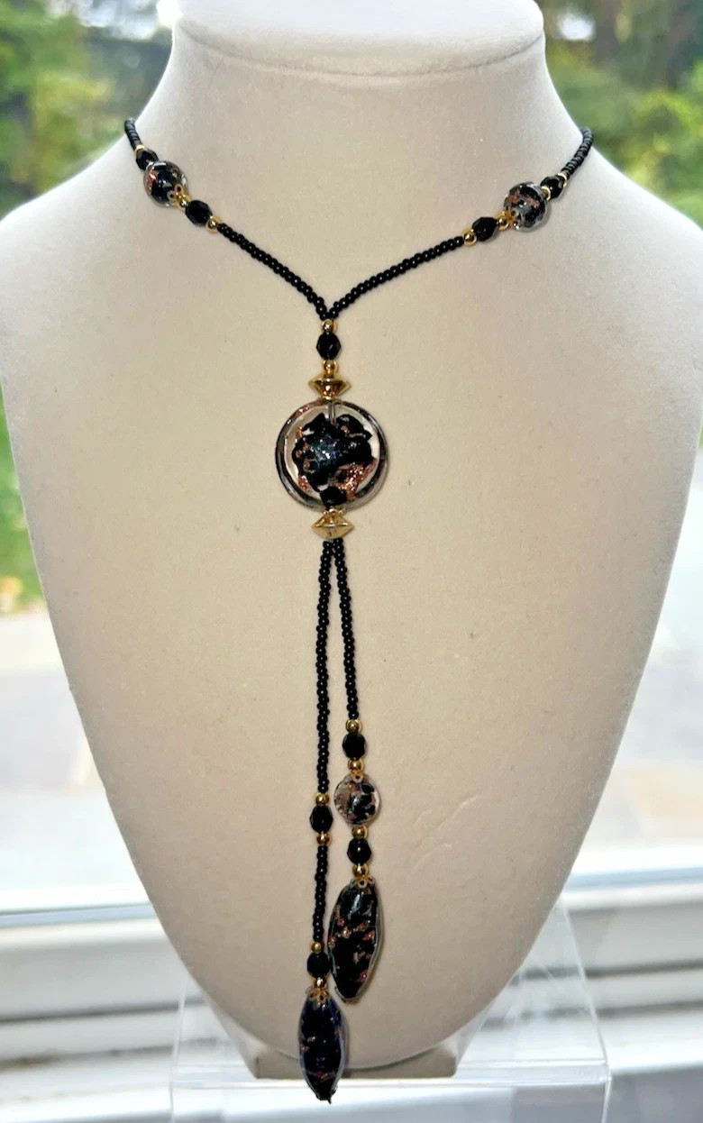 Vintage Venetian Murano Art Glass Beaded Black and Gold Necklace 18″ LARIAT