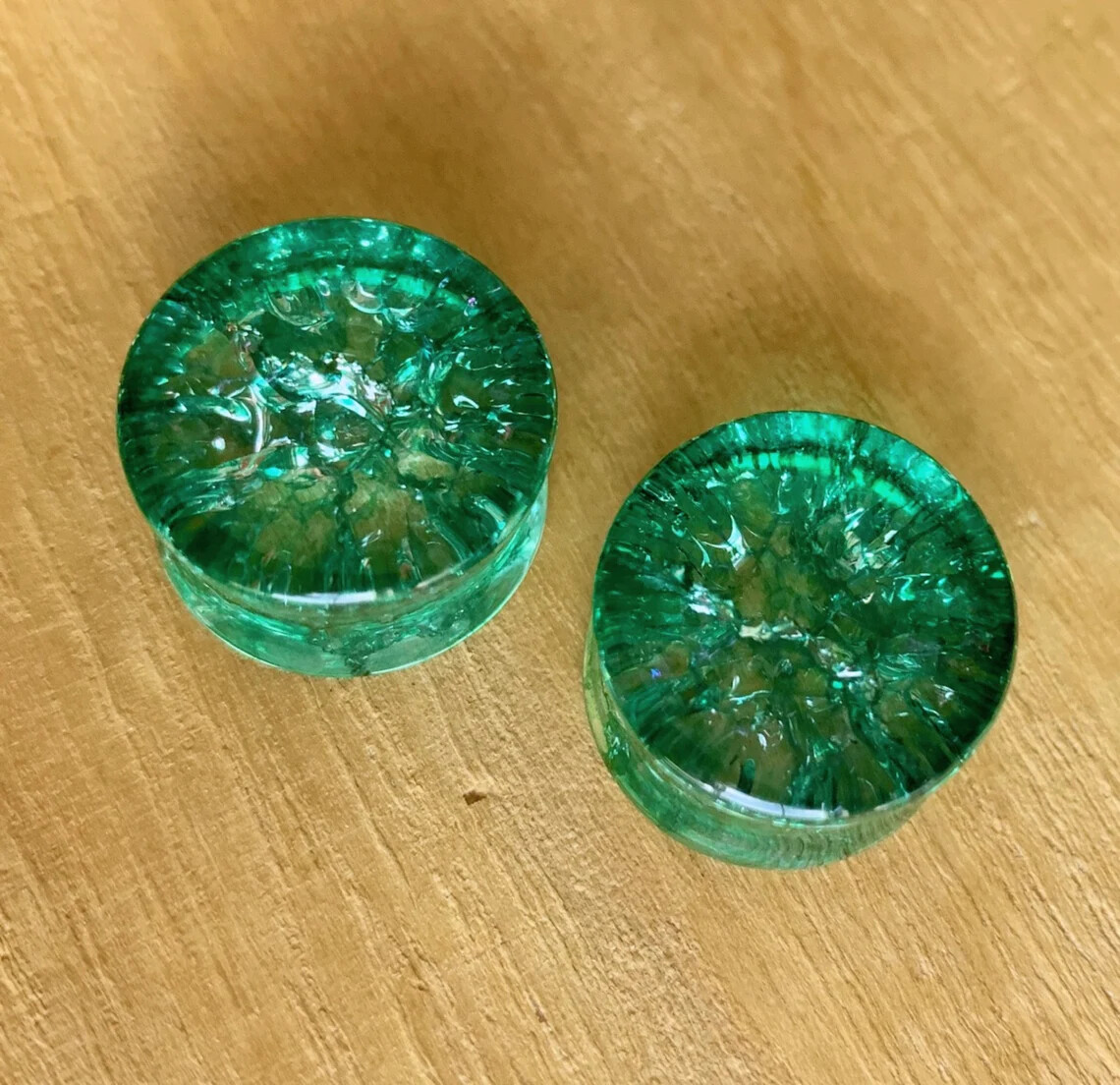 PAIR Cracked Green Glass Plugs Double Flare Shattered Look Gauges Body Jewelry