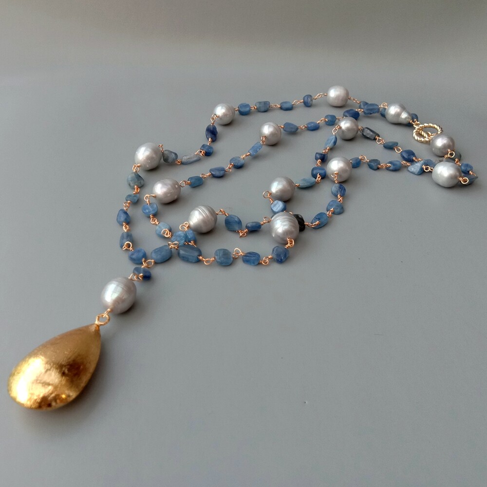 21″ Blue Kyanite Gray Rice Pearl Necklace Teardrop Brushed Gold Plated Pendant