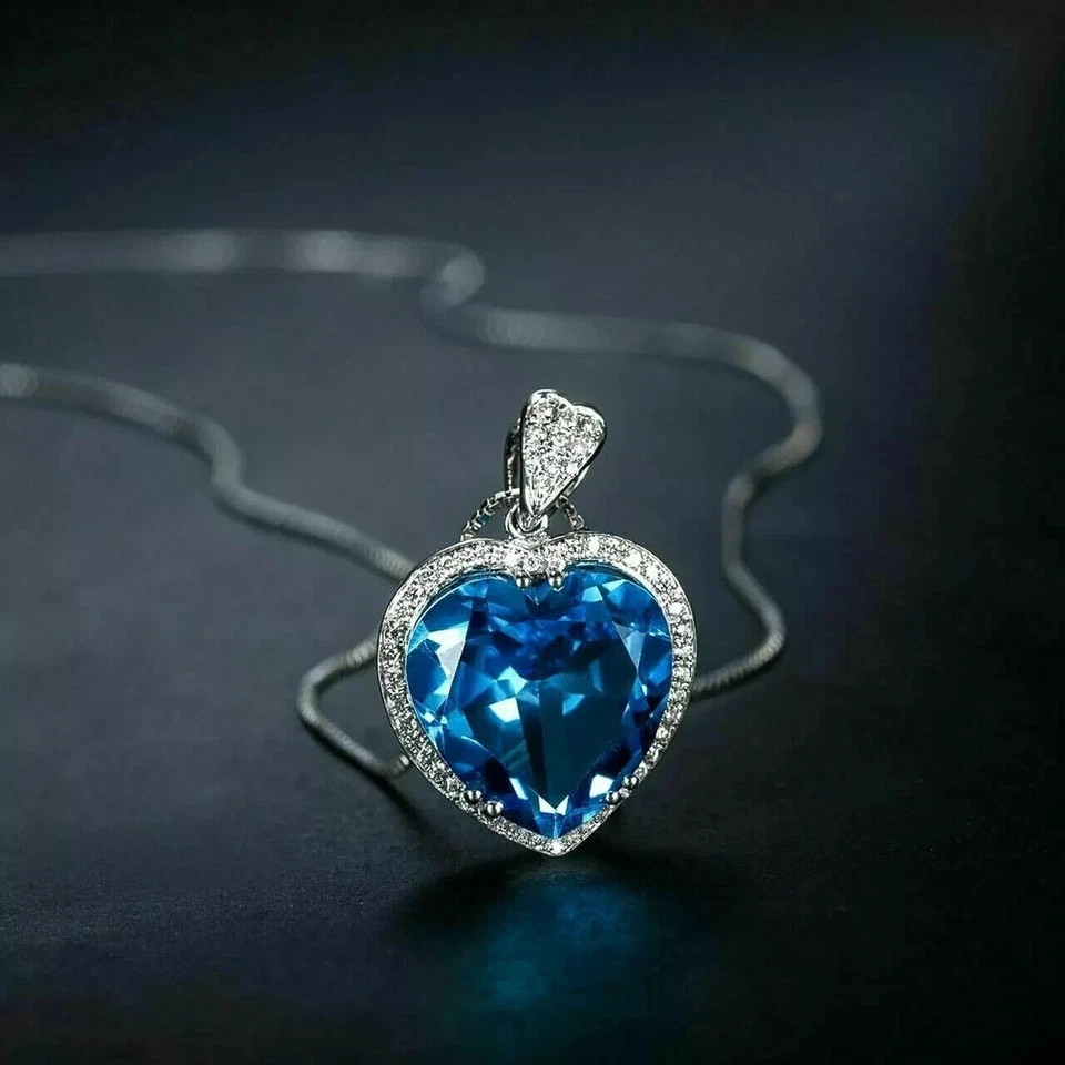 Heart Cut Simulated Blue Topaz Beautiful Pendant Chain In 14k White Gold Plated