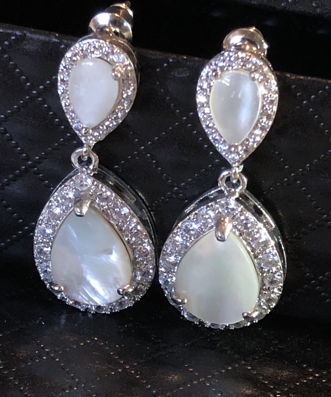18k White Gold Plated Mother of Pearl Drop Earrings made w/ Swarovski Crystal