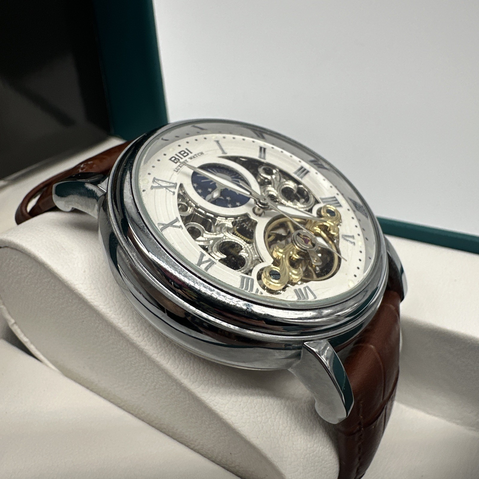 BIBI Men’s Luxury Watch B0108, 47mm Skeleton Dial, Leather Strap, New