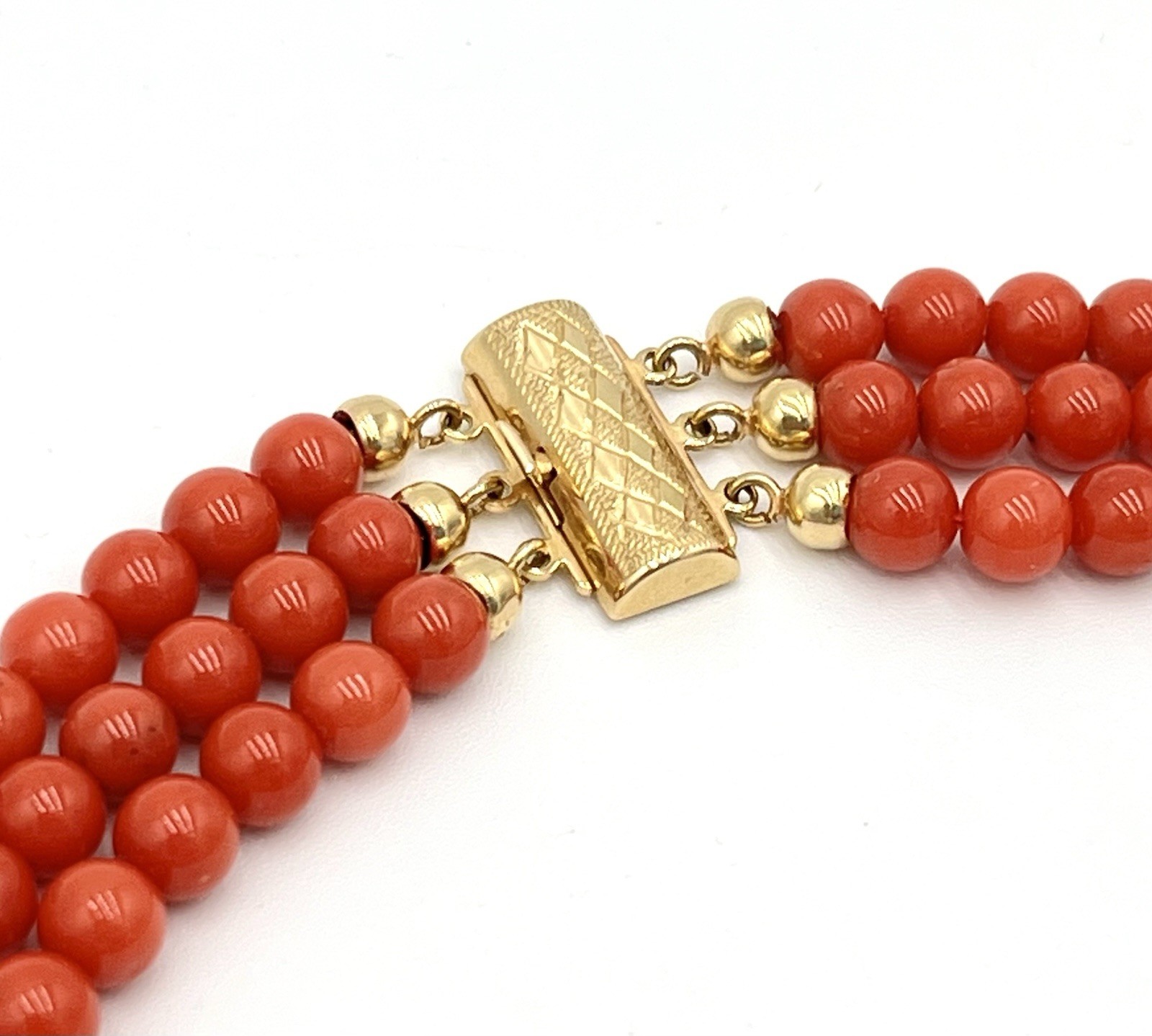 Natural Mediterranean Red Coral 3 Strand Necklace 7mm 18Kt Gold Made in Italy