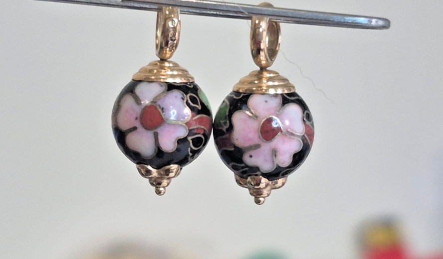 Vintage 14K Gold Cloisonné Charms – Blue Floral For Drop Earrings-Necklace-other