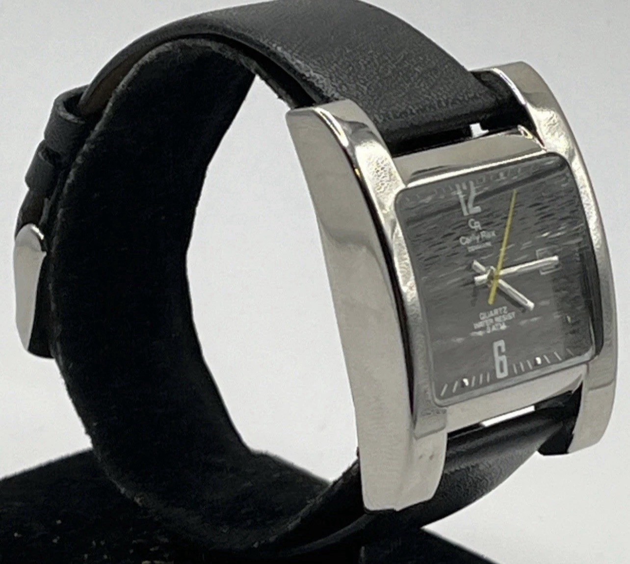 Carly Rex Quartz Square Watch Black Dial Date Silver Steel Black Leather 30m