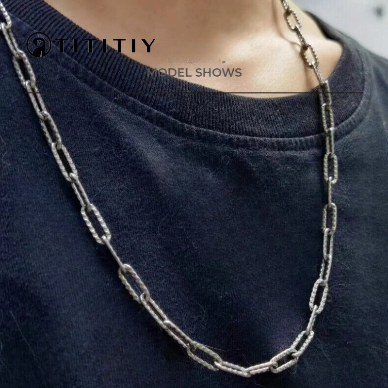 Men Pure Titanium Necklace Flat Long O Chain Hip-Hop Polishing & Embossing 25.6″