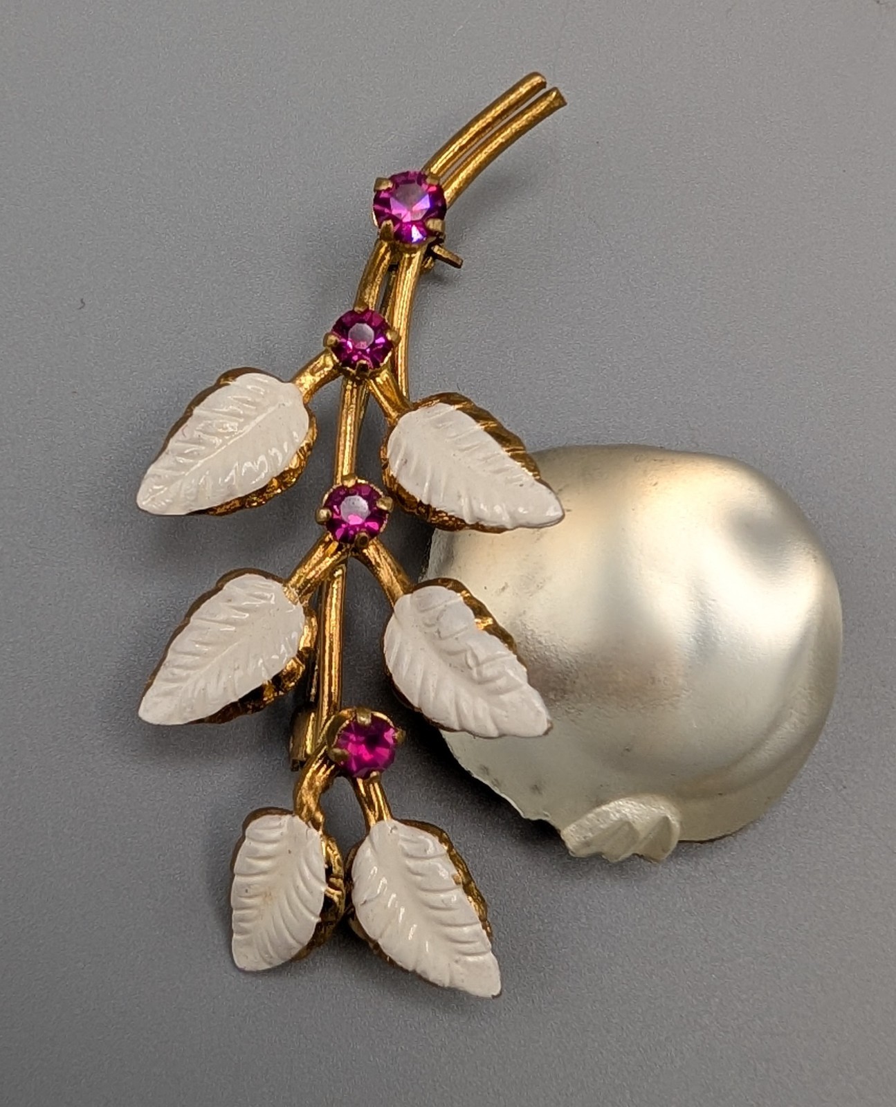 Vintage Signed Austria Forbidden Fruit Pear Fig Brooch Pin White 1950s