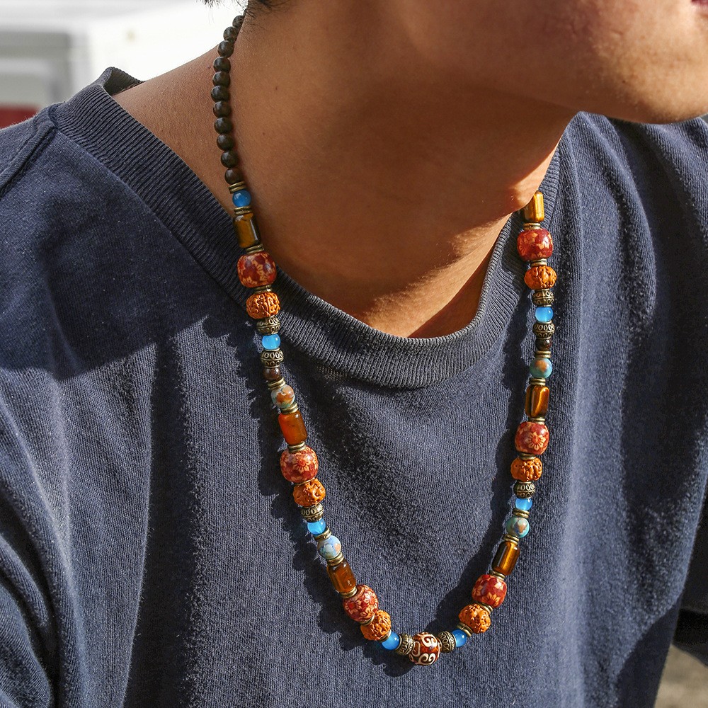 Mens Tigers Eye Multi Stone Walnut Bead Necklace Boho Statement Necklace Choker