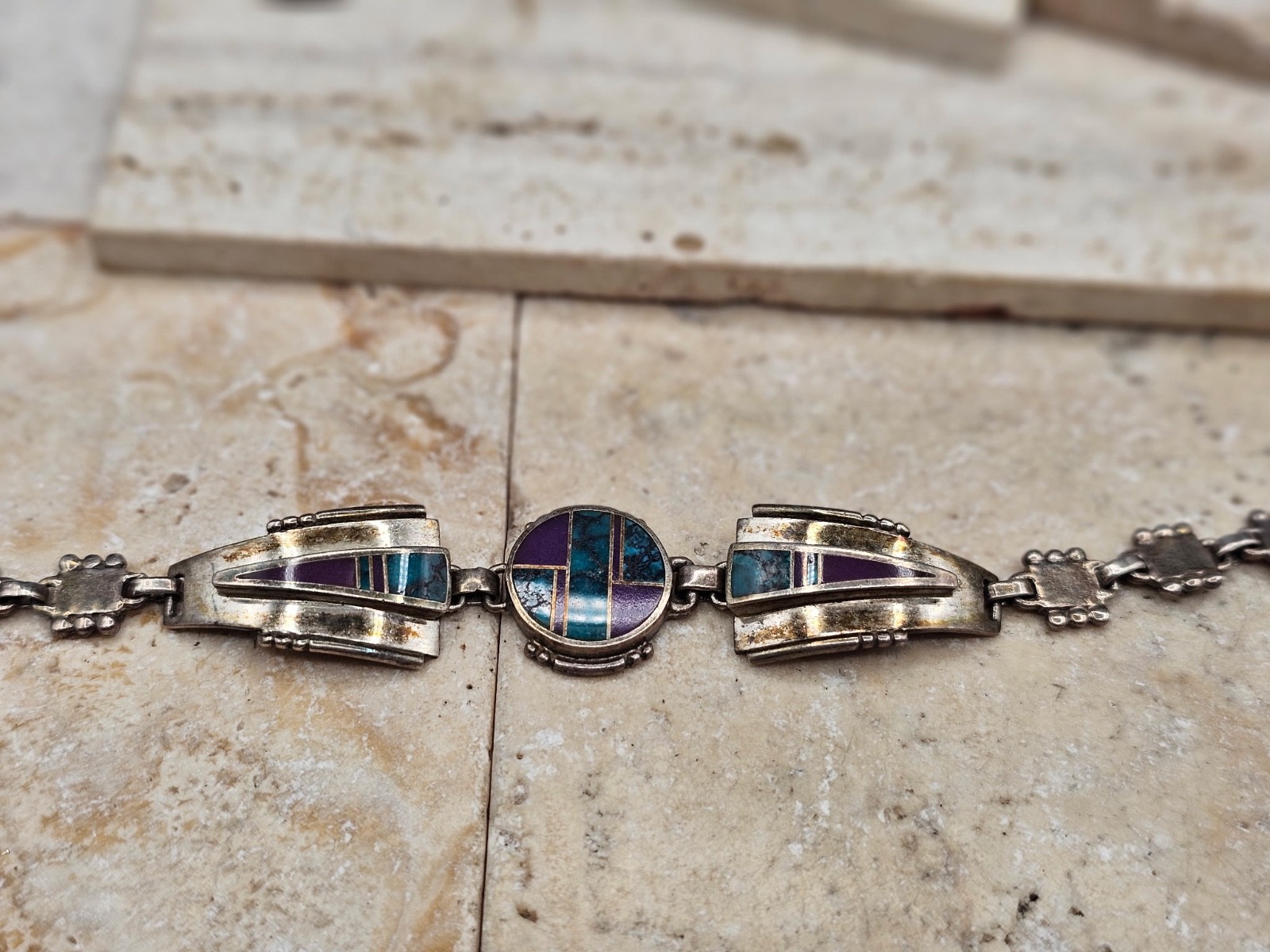 Vintage Navajo Ray Tracey Sterling Sugilite & Turquoise Geometric Link Bracelet