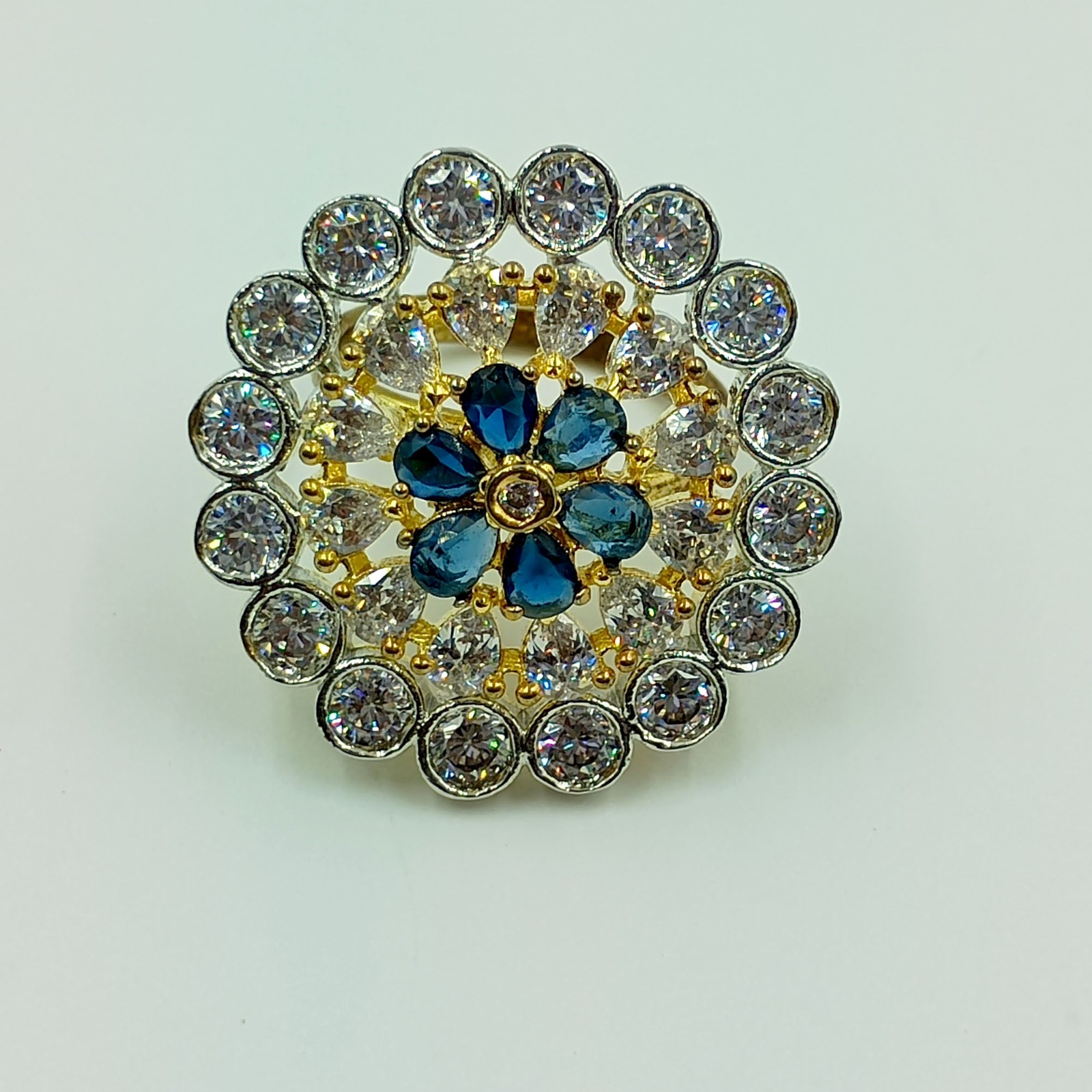 South Indian Style Pear Sapphire Ring 22k Gold Plated CZ Diamond Adjustable Band