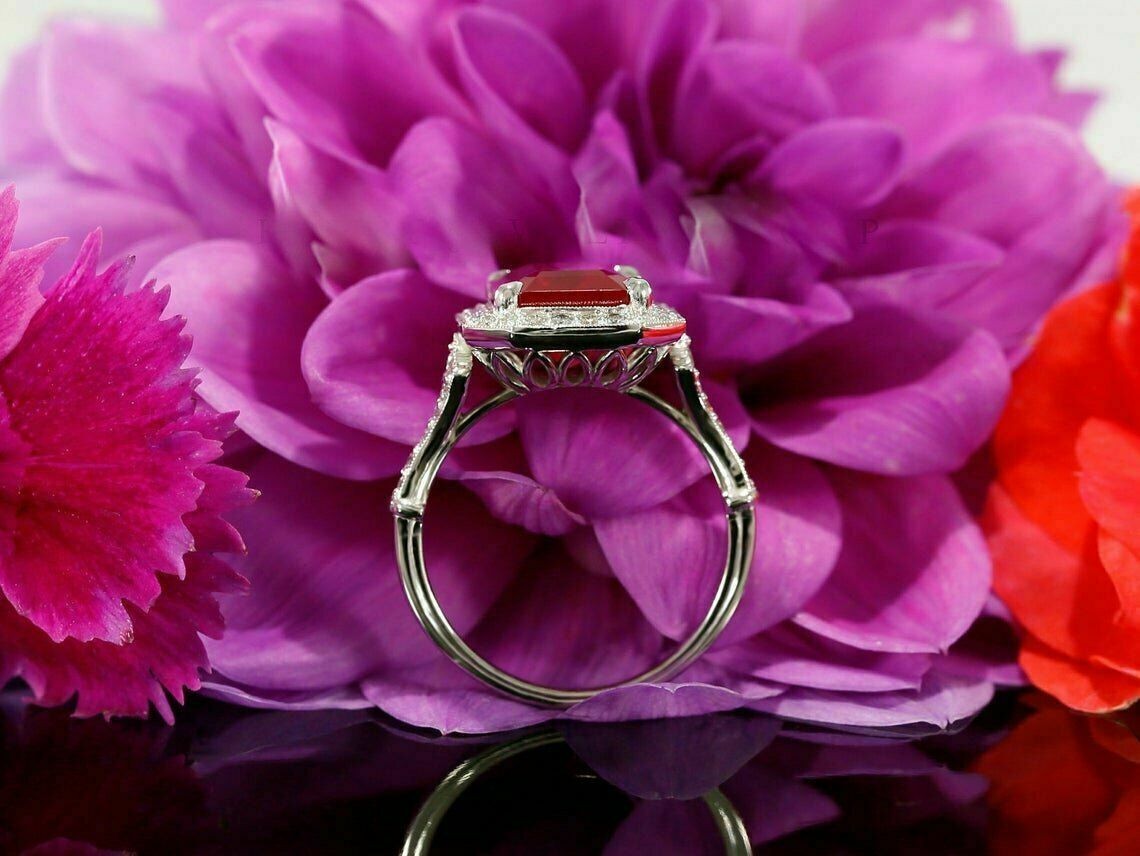 2.92 Ct Emerald Cut Natural Ruby & Diamond Anniversary Ring 14K WhiteGold Size 7