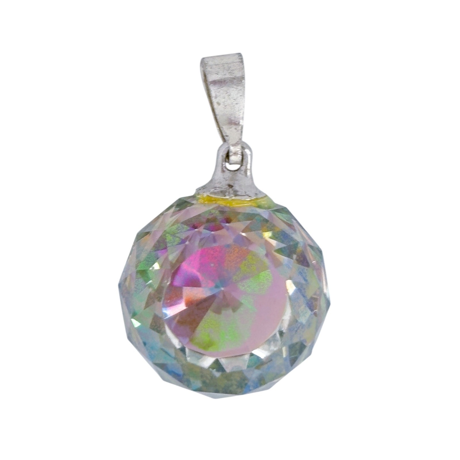 Faceted Aurora Borealis Crystal Pendant | Sterling Silver 925 Round Prism Charm