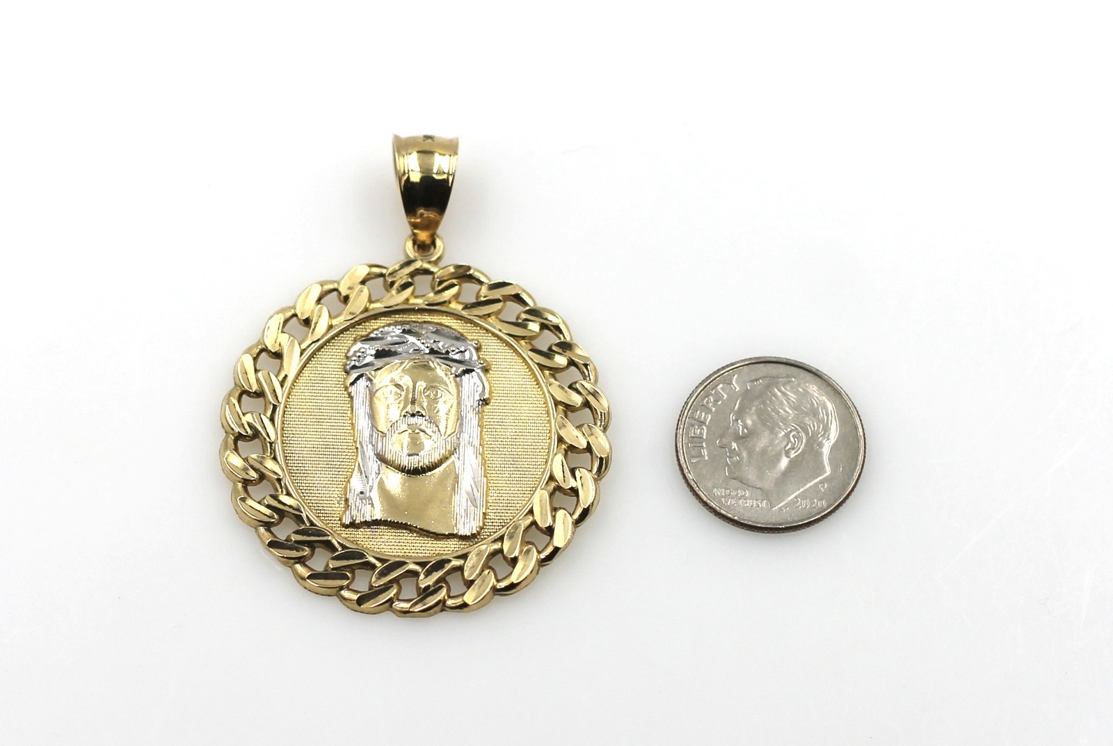 10K Gold Textured Round Jesus Head Medallion Cuban Link Border Pendant 48mm 6.3g