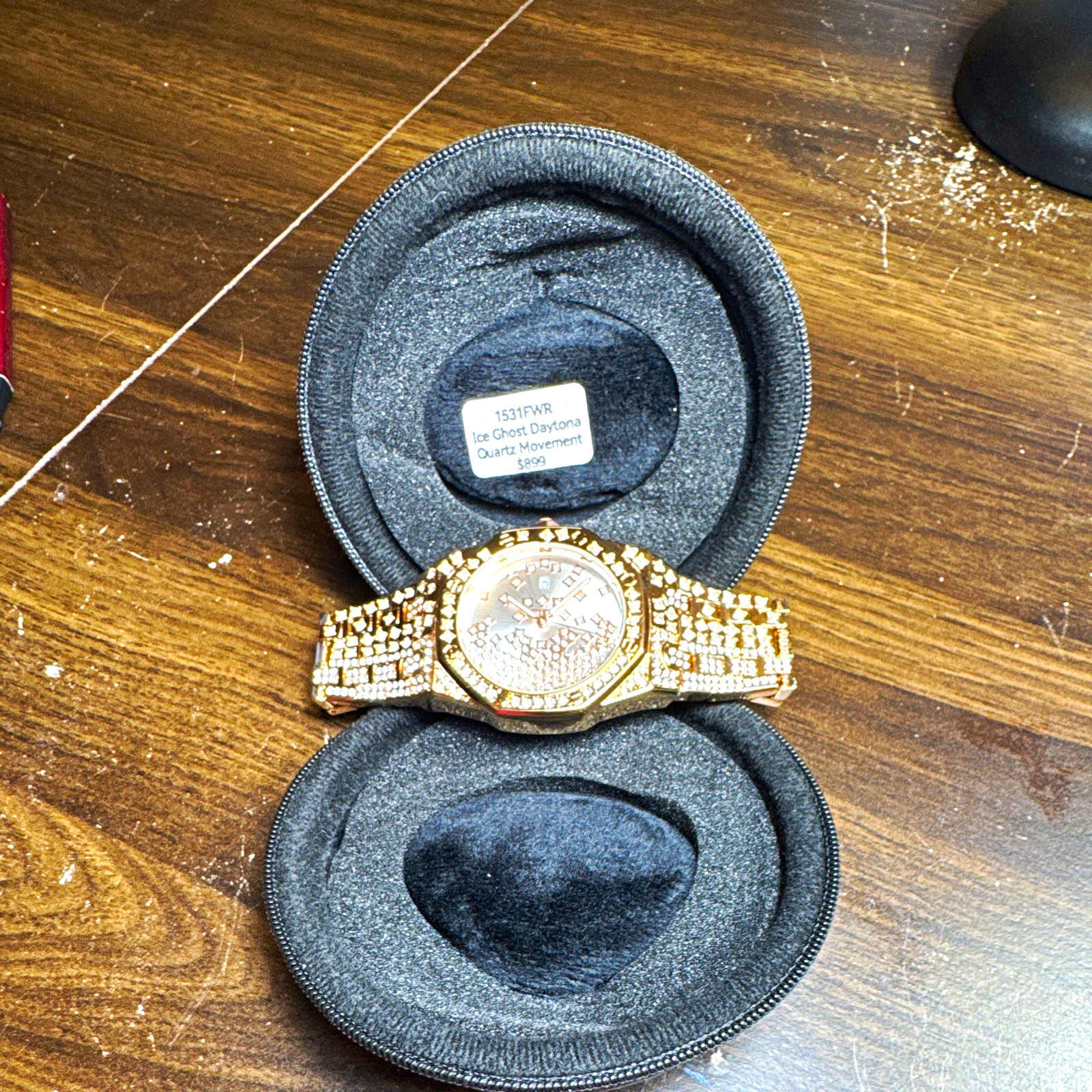 Ice Ghost Daytona Quartz Gold Tone Octagon Diamond Bezel Bracelet Date