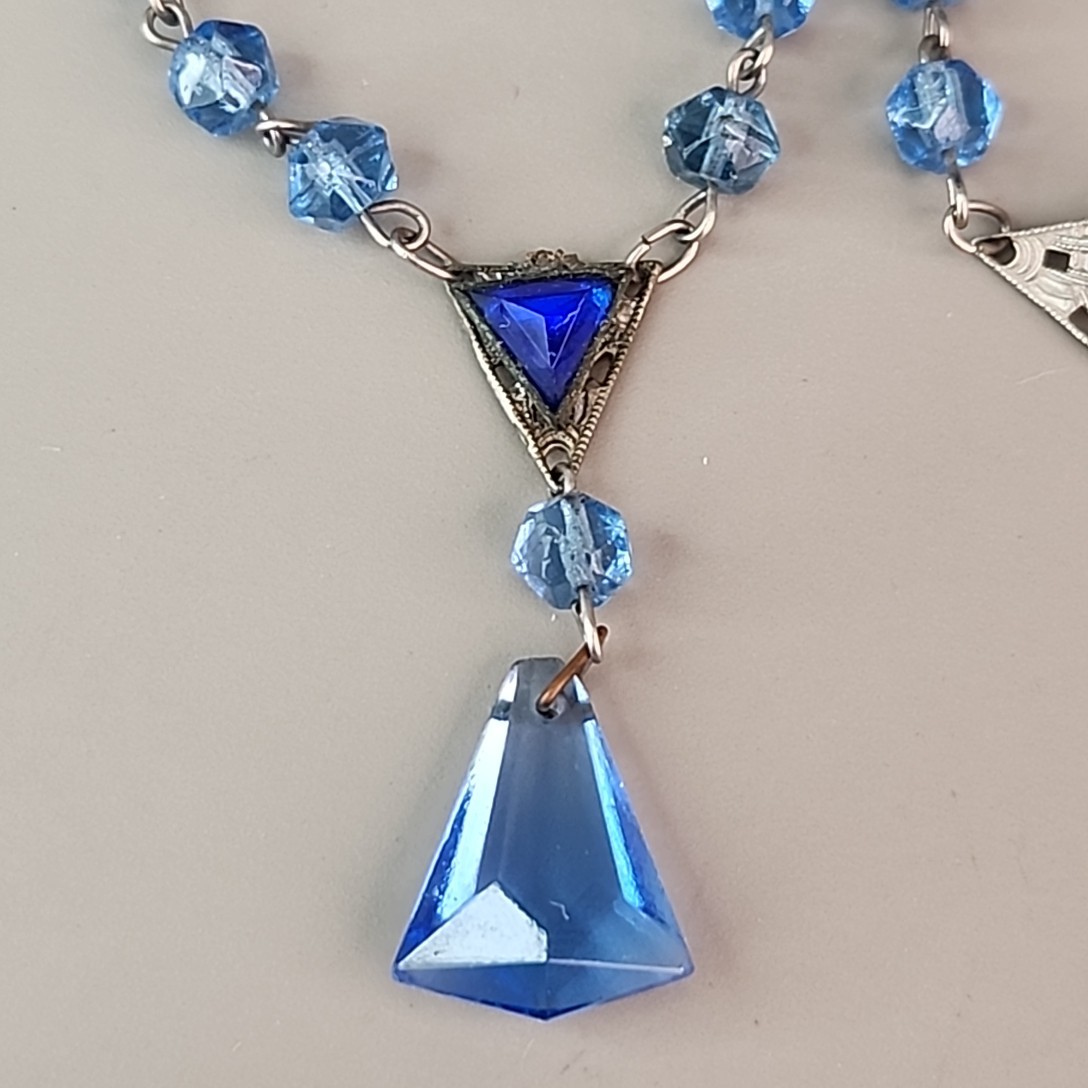 Vintage Art Deco Necklace Bracelet Set Blue Glass 16″