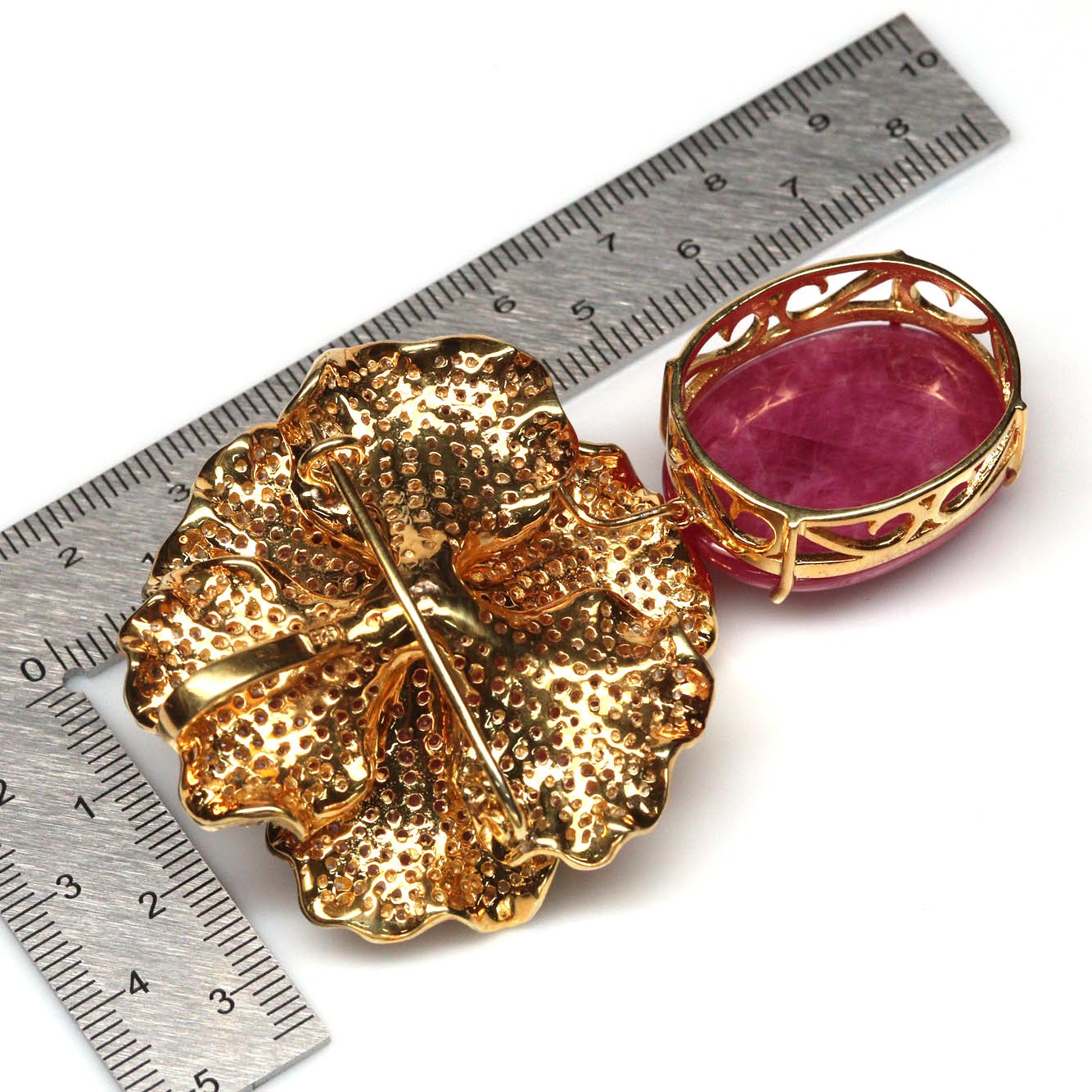 925 Sterling Silver 21 x 28 mm. Red Ruby, Sapphire & Zircon Brooch/Pendant