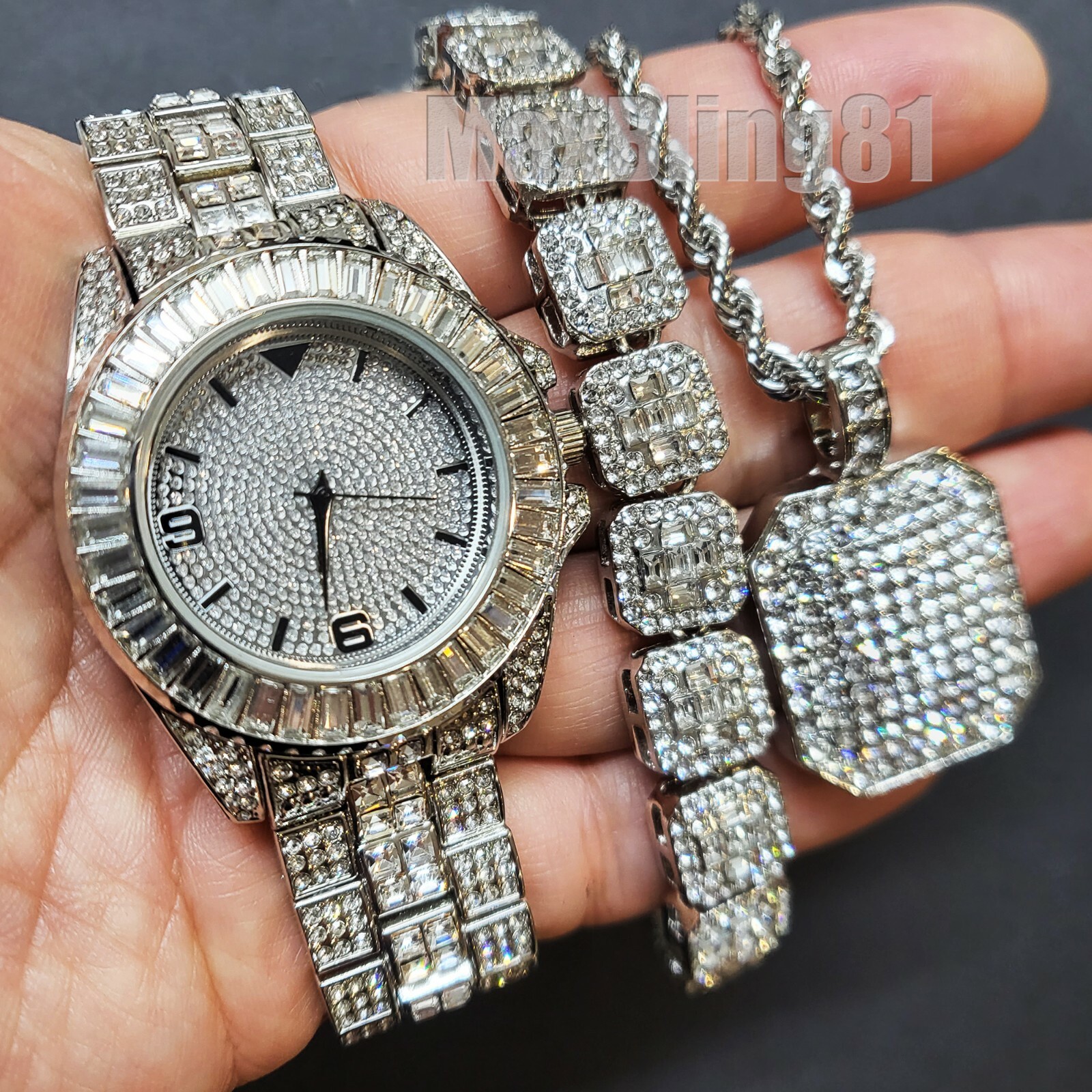 SILVER PT BLING LUXURY HIP HOP WATCH & ICED BAGUETTE STONE BRACELET & NECKLACE