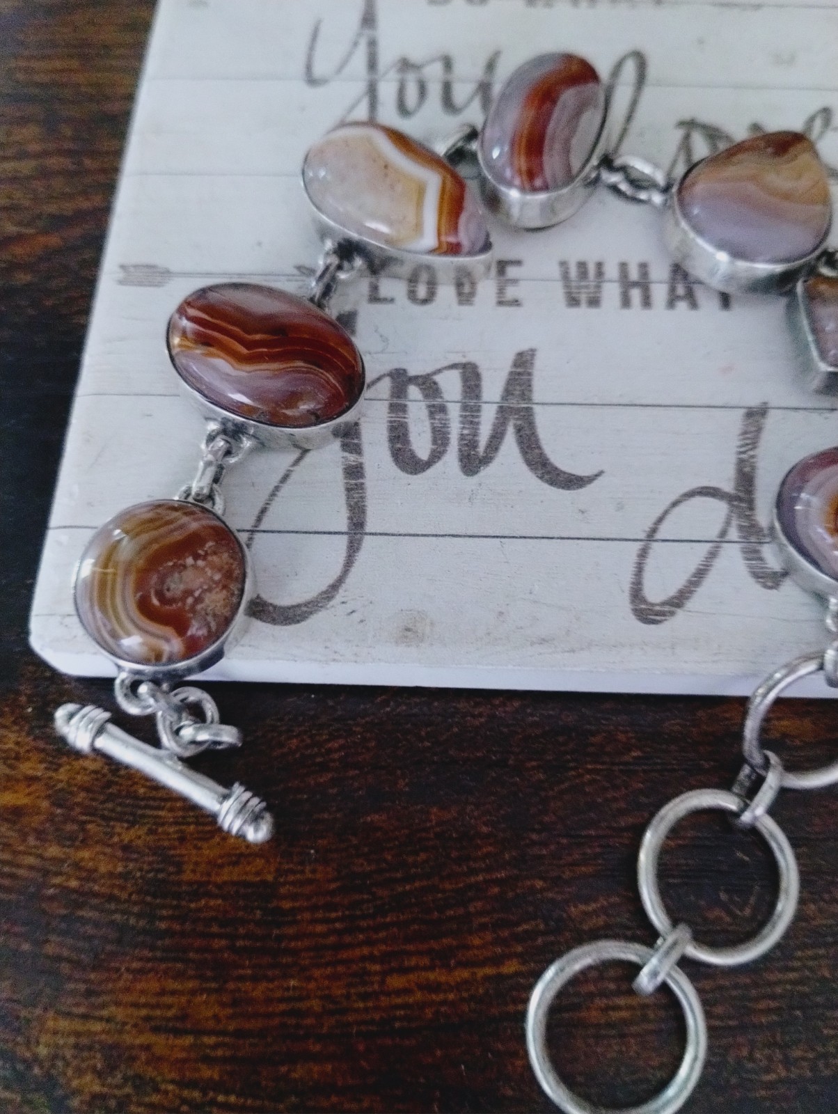Natural SJ Red Banded Agate Stone Sterling Silver Sajen Toggle Bracelet 7-9in