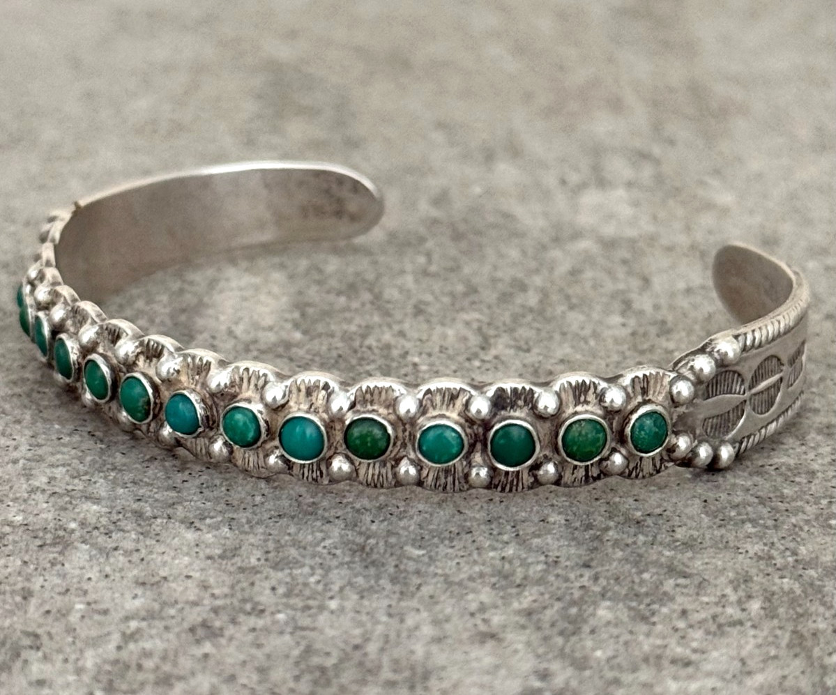 Vintage FRED HARVEY Navajo Snake eye Turquoise Sterling Bracelet 6.7 in