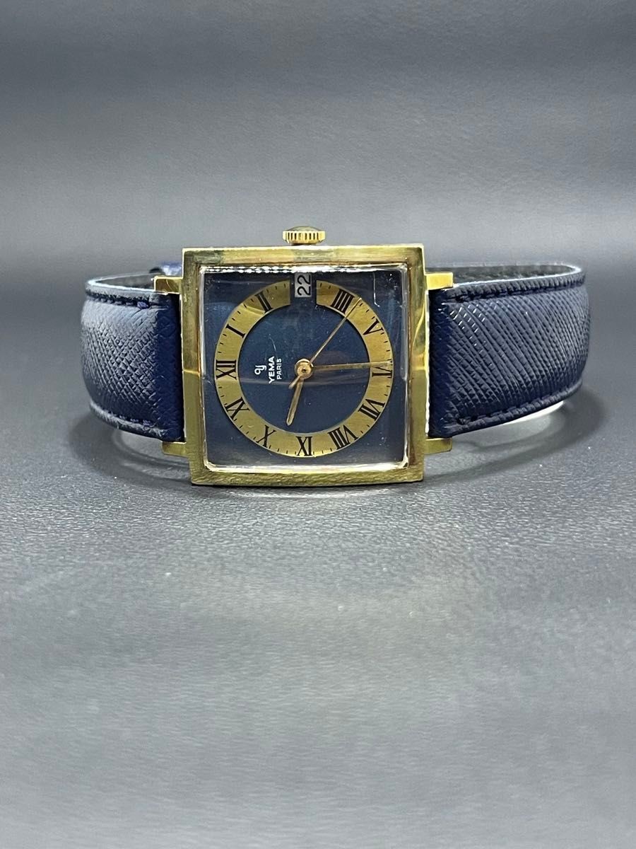 Rare YEMA PARIS Square Hand-wound Blue Dial Date Antique Vintage Watch