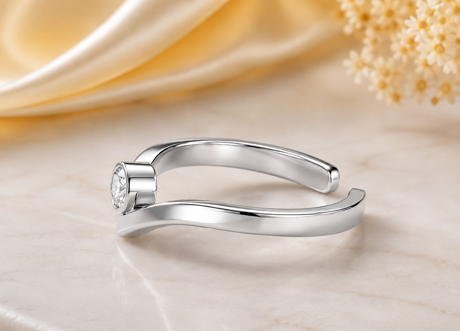 925 Sterling Silver Open V Ring Round White Topaz Bezel Set Minimalist Ring