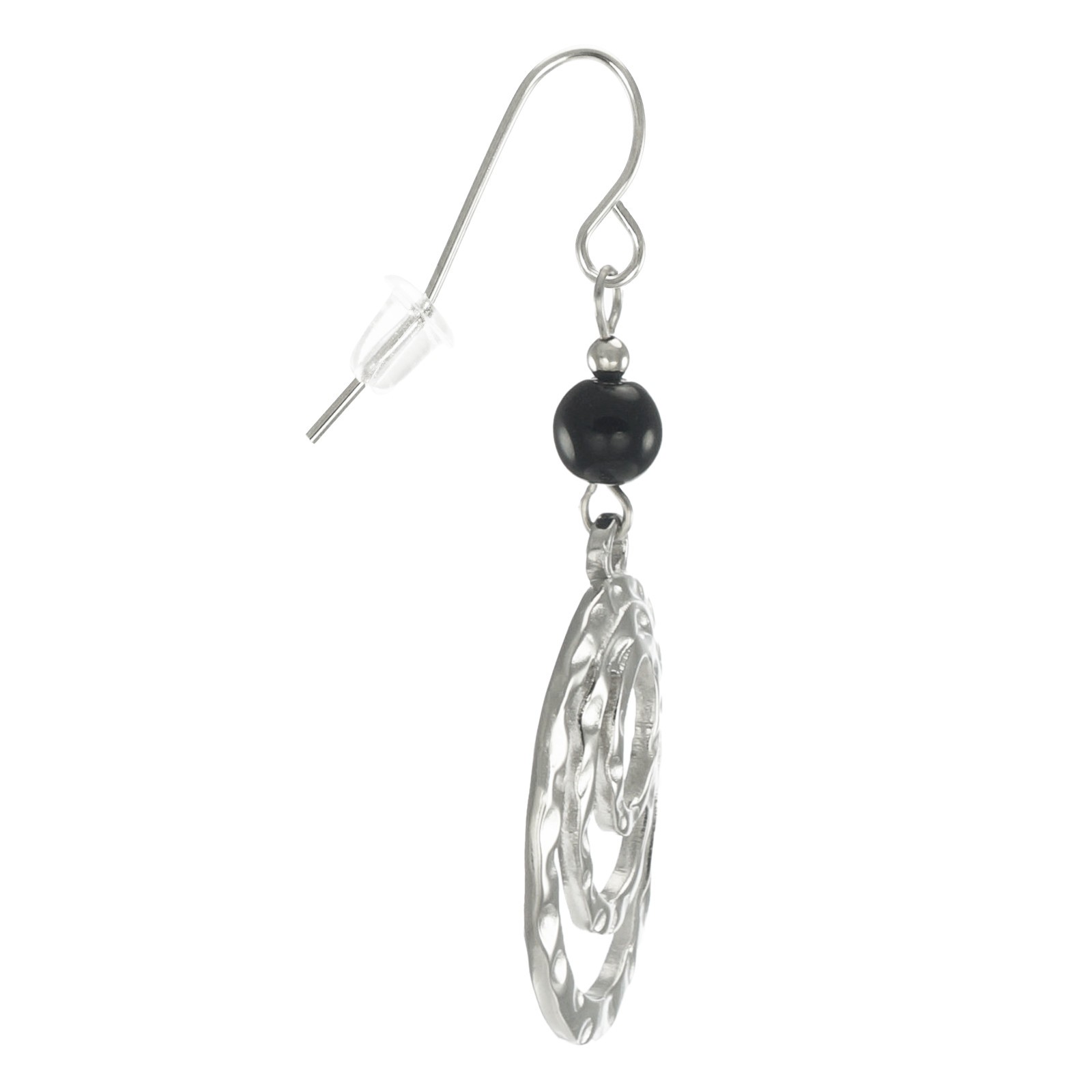 Gold or Silver Oval Hammered Drops with Black Beads Earrings, Hypoallergenic