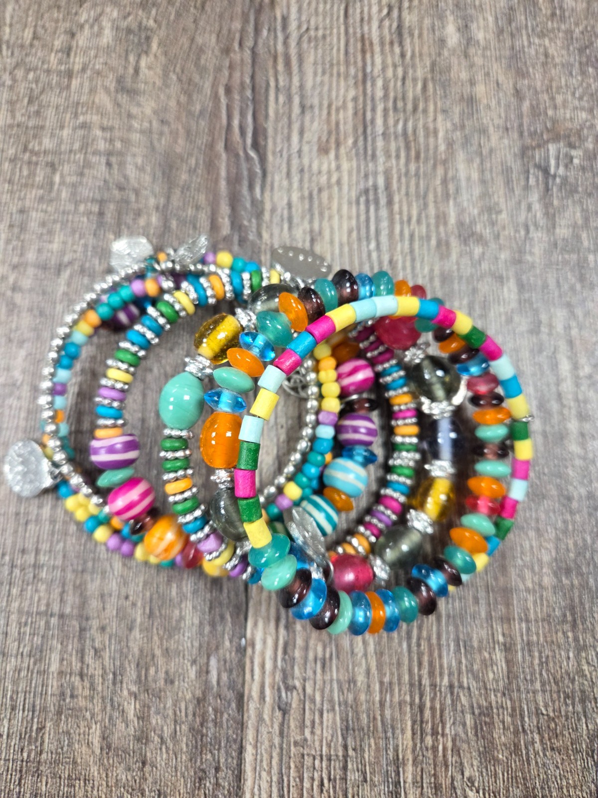 Bijoux Bright Colored Beaded Chunky Pink Blue Yellow Teal Wrap Bracelet Charms