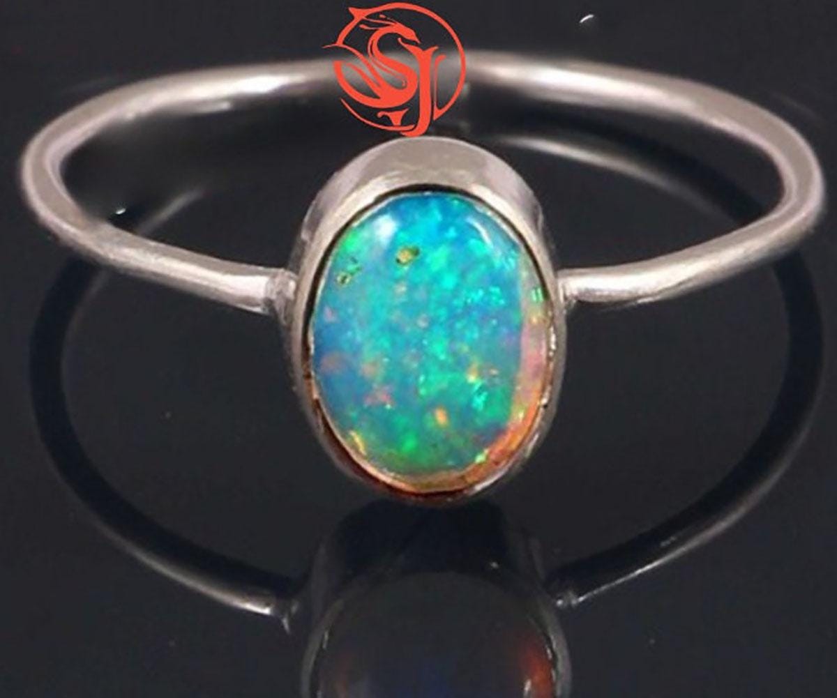 Natural Oval Cut Opal Gemstone Ring Handmade Design Silver Statement Rings
