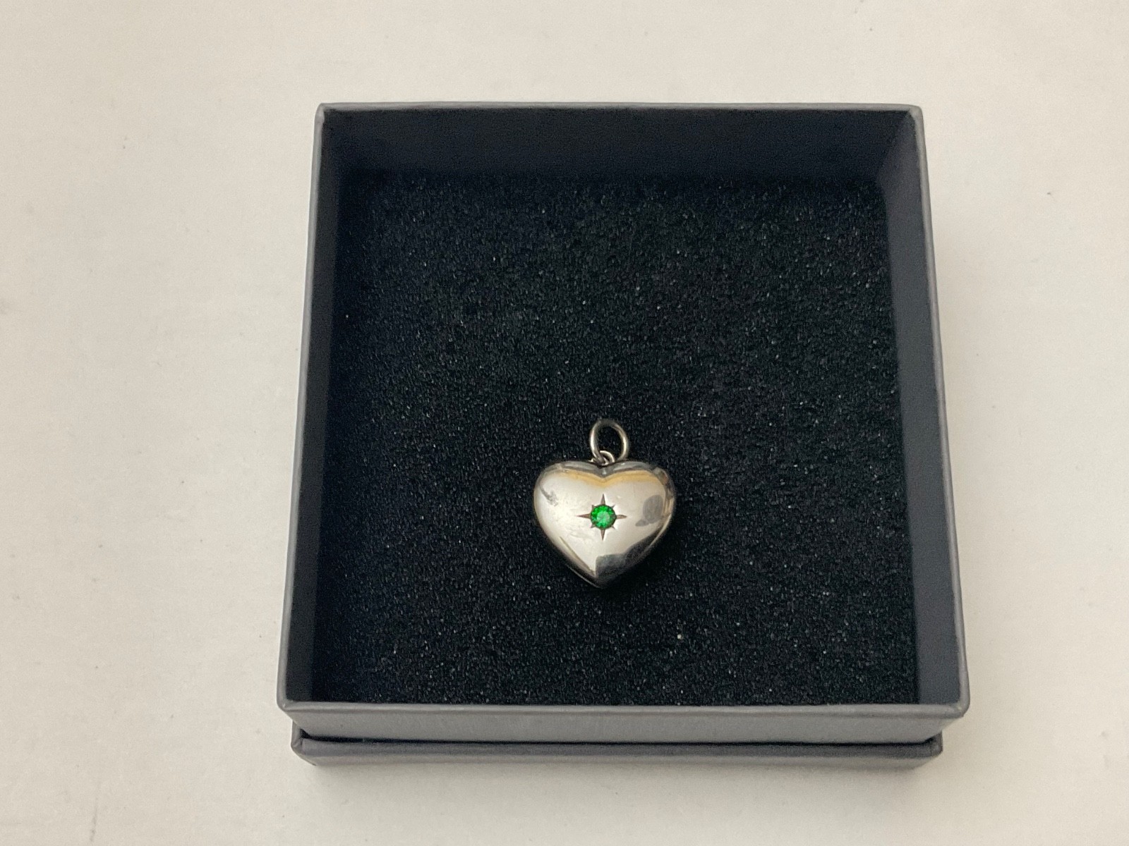Sterling Heart Locket Pendant Signed YL 925 Rev. Emerald Gemstone
