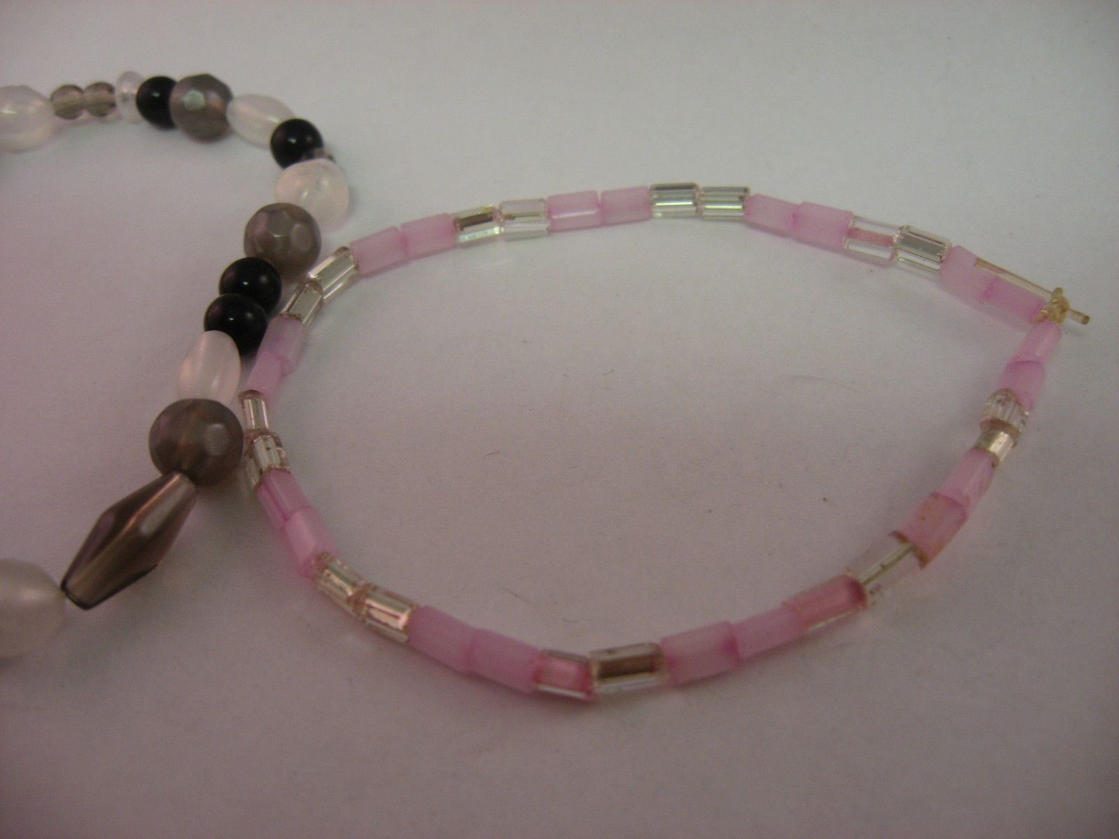 Lot of 2 Beaded Stretch Bracelets Pink Glass & Black Gray White Stone Boho Style