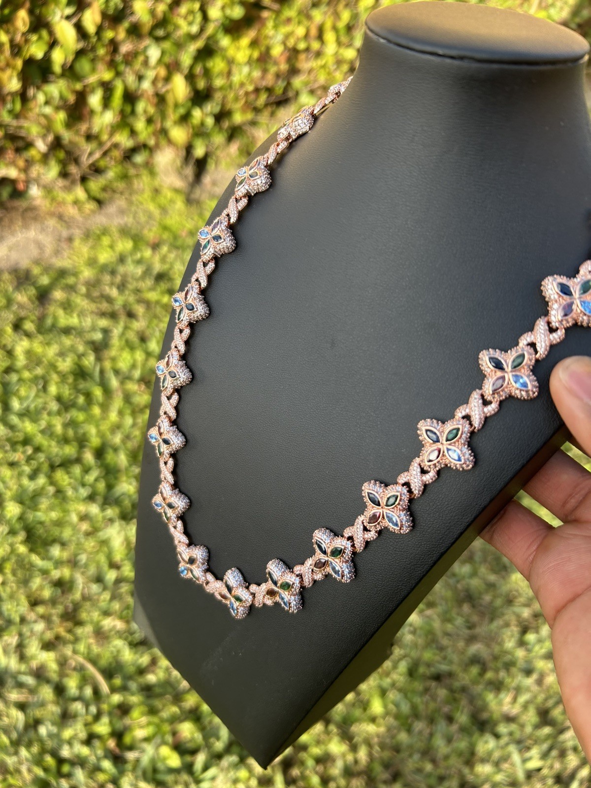 Flower 4 Leaf Clover Iced Out Rose Gold Premium Quality Chain Multicolor