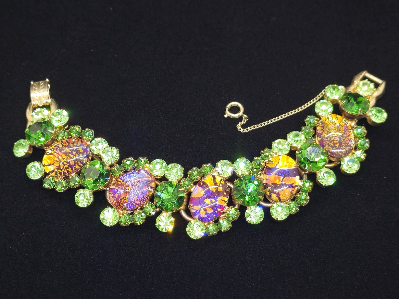 Vtg JULIANA D&E Foiled Dichroic Glass Green Rhinestone Bracelet