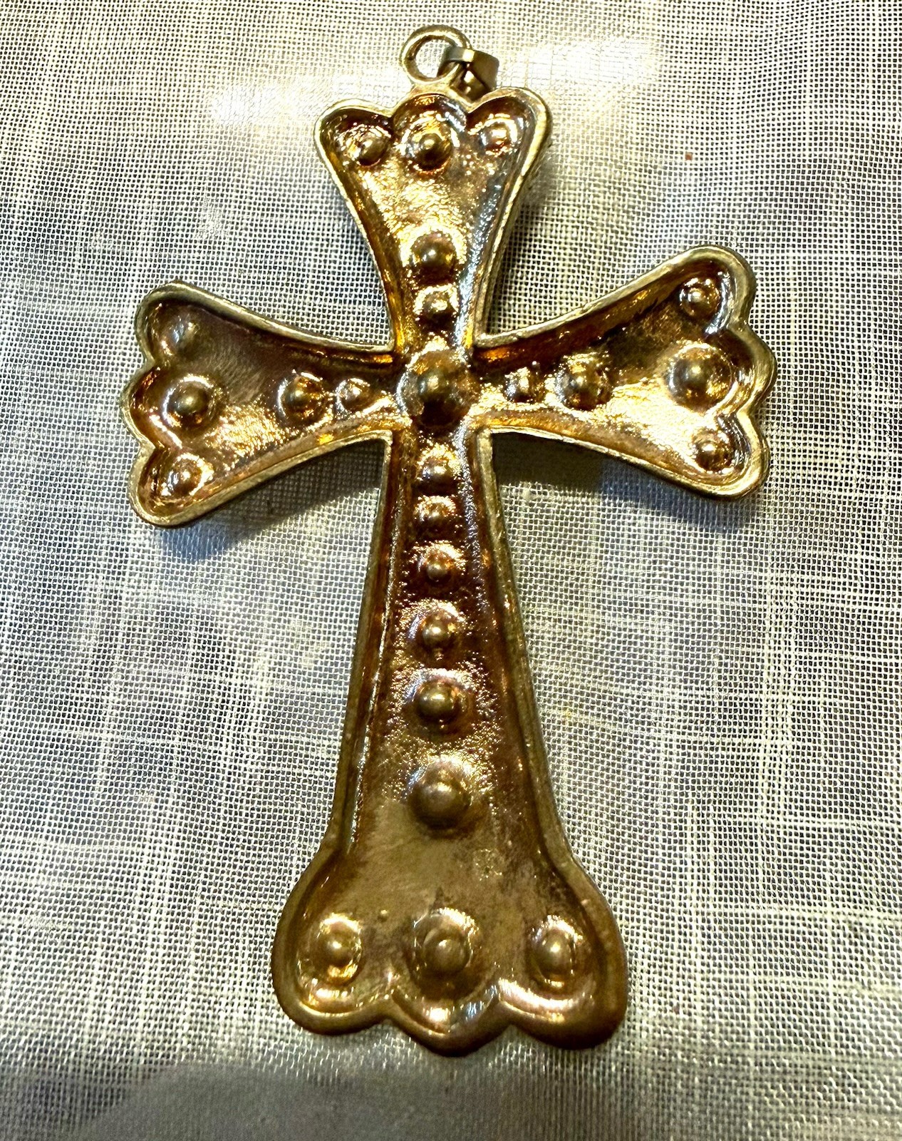VTG.Large Gothic Cross Pendant Blue Gray Rhinestone Gold Tone Medieval Revival
