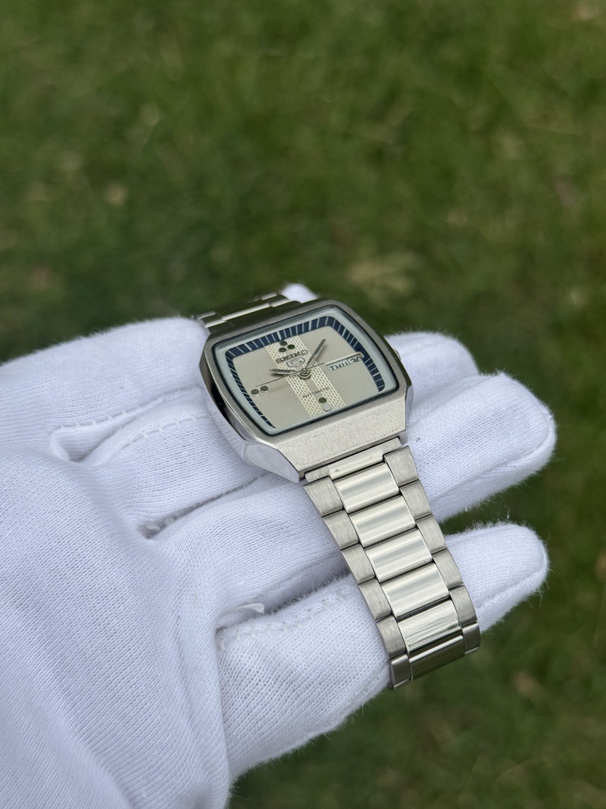 Vintage Seiko 5 Automatic 6309 Mens WristWatch Silver TV Dial Day Date Japan 21J