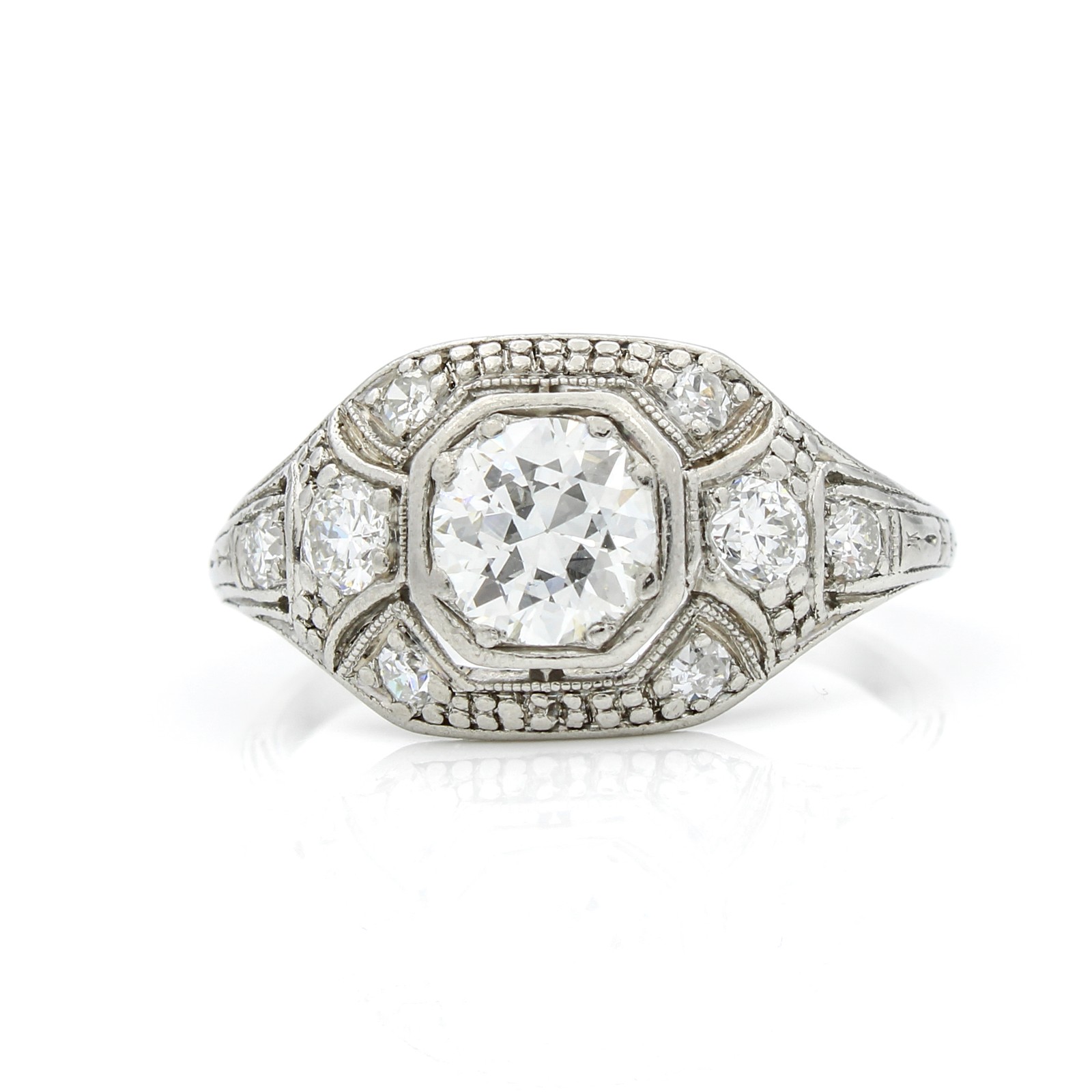 Art Deco Platinum 900 Die Struck Diamond Sz. 5 Ring #E96881-1