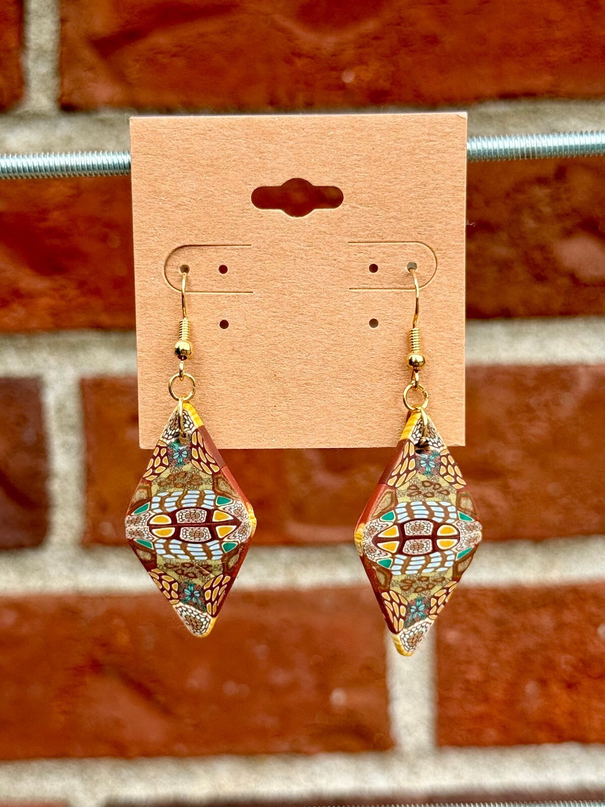 Handmade Polymer Clay Earrings Brown with Funky Designs of Blue and Purple